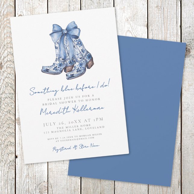 Lantlig blå band cowboy bröllopsdusch inbjudningar (Country Blue Bow Cowboy Boots Bridal Shower Invitation)