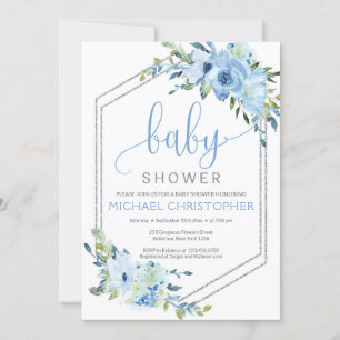 Lantlig Blå Blommig Pojke Baby Shower Inbjudan