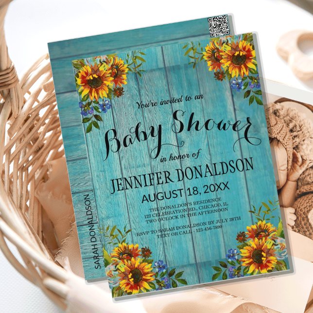 Lantlig blå solros baby shower-inbjudan vykort (RUSTIC BLUE SUNFLOWER BABY SHOWER INVITATION)