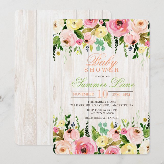 Lantlig Blommig Bebis Shower Inbjudan (Fram/baksida)