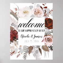 Lantlig Blommig Blomning Rosagrå Röd Bröllopsskylt Poster