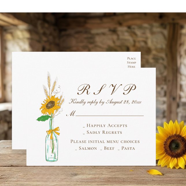 Lantlig Blommig Gul Solros Bröllop RSVP Inbjudan Vykort (Skapare uppladdad)