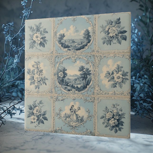 Lantlig Blommig Motiv i Nedsliten Dämpad Ton Kakelplatta (Rustic Country Floral Motif Distressed Mute Tones Ceramic Tile)