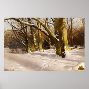Lantlig bondgård Vinter Sol Träd Landskap Poster