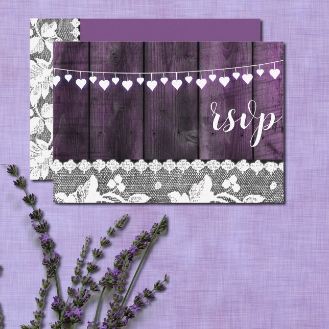 lantlig bröllops-rsvp - trä, spets, hjärtan av snö inbjudningar (Skapare uppladdad)