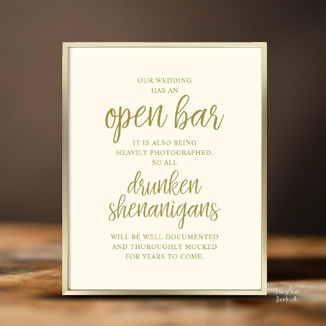 Lantlig bröllopsbar med öppen bar, berusade rackar poster (Modern Rustic Wedding Open Bar Drunken Shenanigans Poster in Yellow Gold)