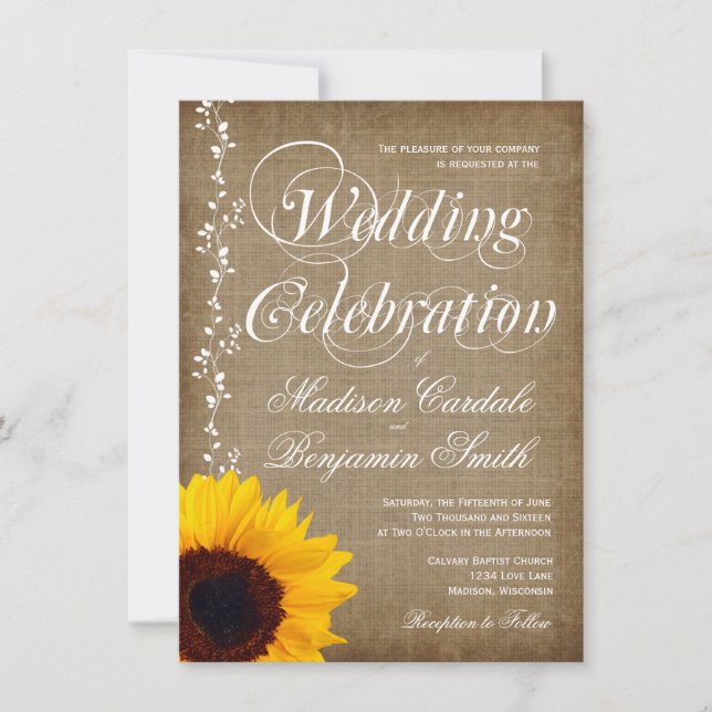Lantlig bröllopsinbjudningar för landvintagesolros inbjudningar (Front)