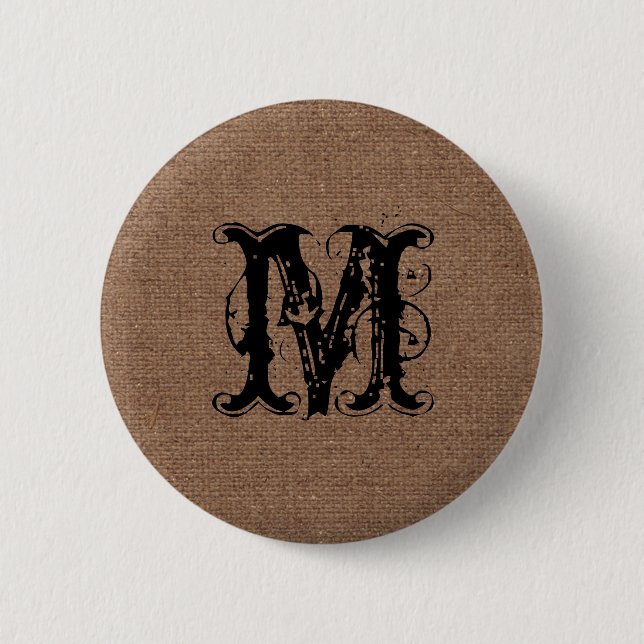 Lantlig BurlapsvartMonogram - shabby chic Knapp (Framsida)