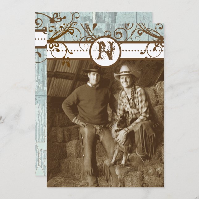 Lantlig Chic Choklad Mint Rustik Träbyggnad Inbjudningar (Fram/baksida)