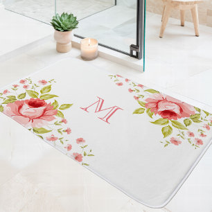 Lantlig Chic Rosa Rosor Hörnmotiv Monogram Badrumsmatta