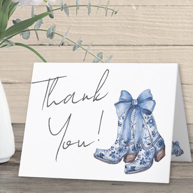 Lantlig Cowboy Bröllopsdusch med Blå Band Tack Kort (Country Blue Bow Cowboy Bridal Shower Thank You Card)