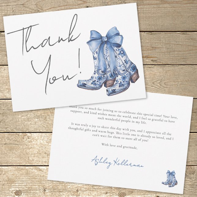 Lantlig Cowboy Bröllopsdusch med Blåa Band Tack Kort (Country Blue Bow Cowboy Bridal Shower Thank You Card)