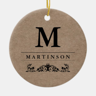 Lantlig elegant Kraft papper Monogram med Julgransprydnad Keramik