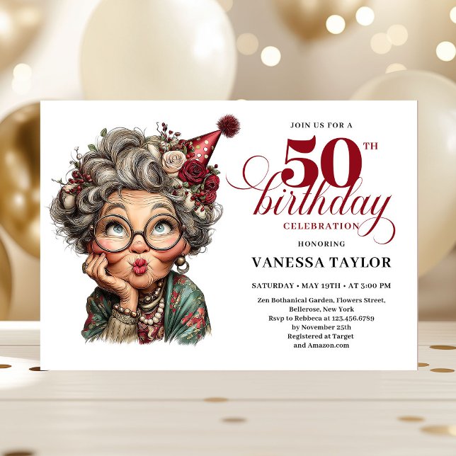 Lantlig Excentrisk Kvinna 50-årsfirande Whimsisk h Inbjudningar (Rustic Quirky Woman 50th Birthday Whimsical Humor Invitation)