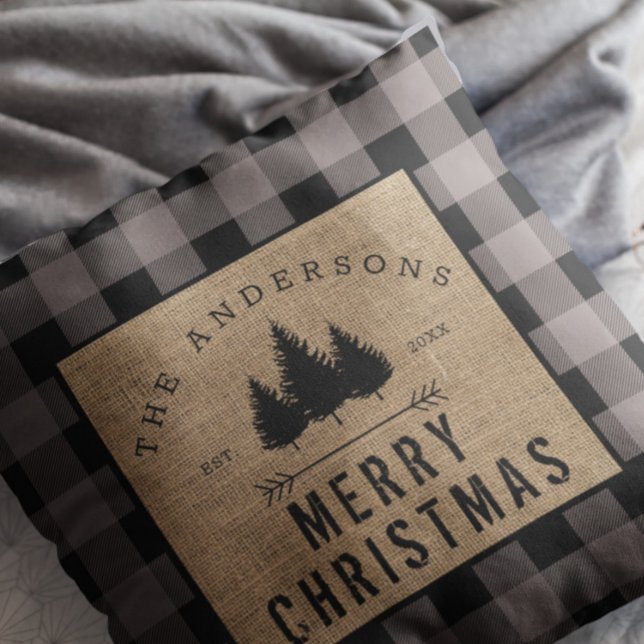 Lantlig familjenamn God Jul Rutig rutmönster Kudde (Skapare uppladdad)