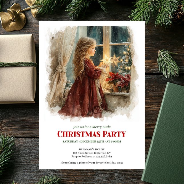 Lantlig flicka som väntar på tomte utskrivbar jul  inbjudningar (Rustic girl awaiting Santa printable Christmas invitation

)
