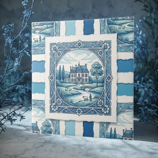 Lantlig fransk Toile De Jouy Vintage Rustik Blå Kakelplatta