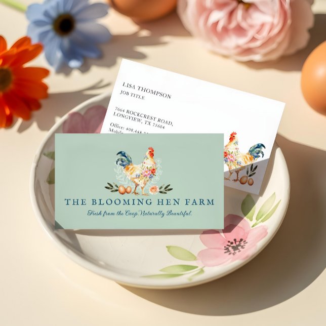 Lantlig gård Akvarell Blommig Höna Höns Ägg Visitkort (Rustic Farm Watercolor Floral Chicken Hen Egg Business Card)