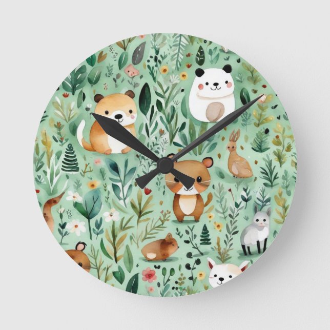 Lantlig grön dekor med blomsterinspirerad stugstäm rund klocka (Framsida)