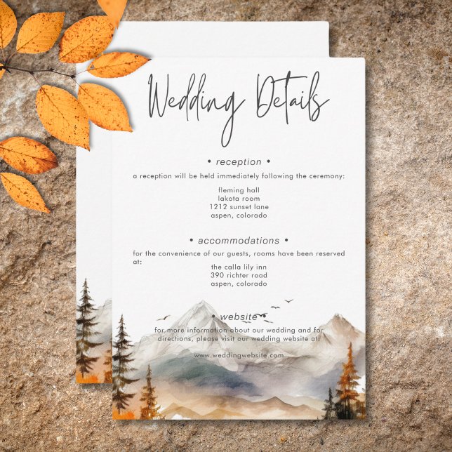 Lantlig höstlig bergs scen akvarell detaljer tilläggskort (Rustic Fall Mountain Scene Watercolor Details Enclosure Card)
