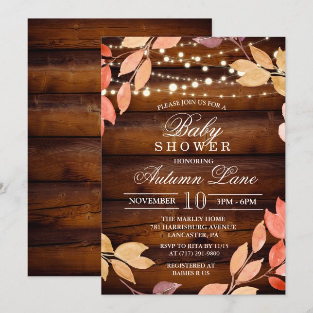 Lantlig inbjudan för nedgånghöst lövbaby shower (Fram/baksida)