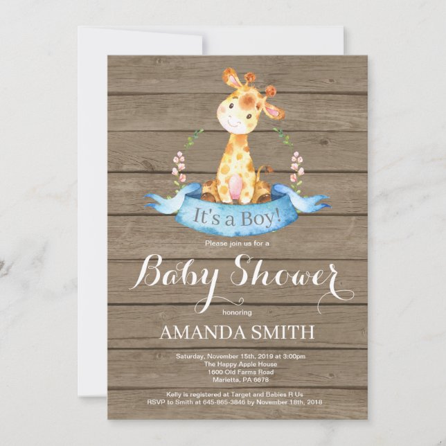Lantlig inbjudan för pojkegiraffbaby shower (Framsida)