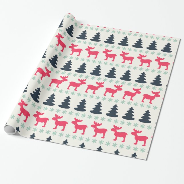 Lantlig jul, Älg & Träd Presentpapper (Utrullad)