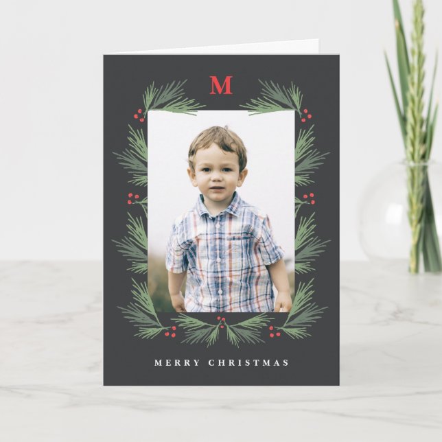 Lantlig julkort med monogram foto i tallram helgkort (Framsida)