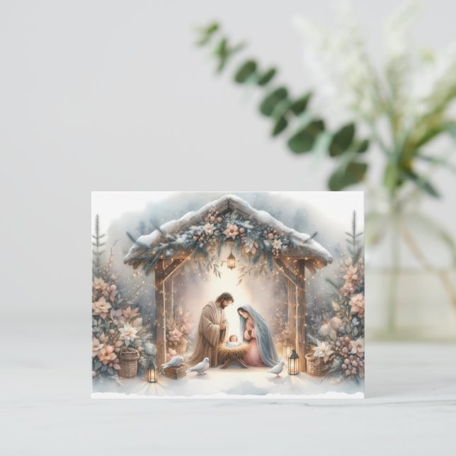 Lantlig julkrubba med vinterblommor kort (Stående Fram)
