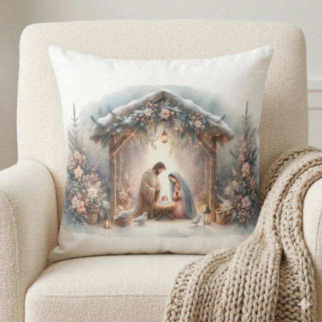 Lantlig julkrubba med vinterblommor kudde (Rustic Nativity Scene with Winter Florals Throw Pillow Mockup A)