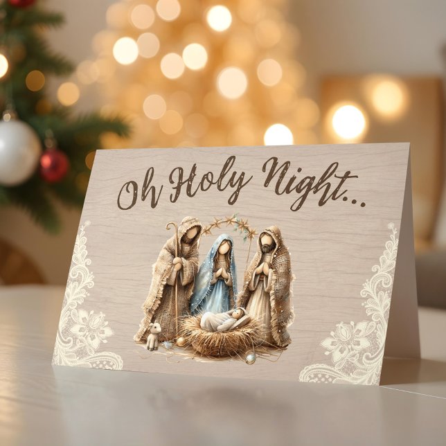 Lantlig julkrubba O heliga natt julkort Helgkort (Rustic Nativity Scene Oh Holy Night Christmas Card)