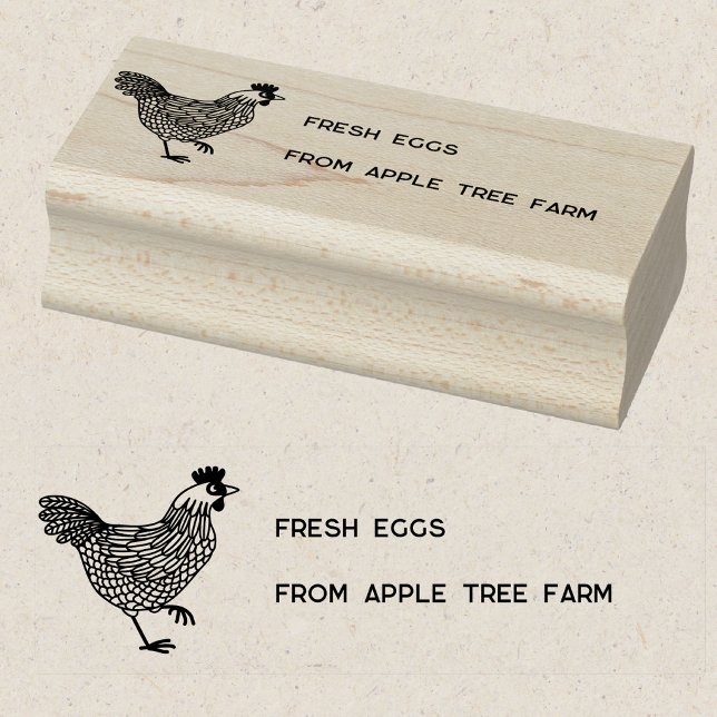 Lantlig Kyckling Färska Ägg Gårdsnamn Stämpel (Custom text chicken hen illustration Fresh Eggs rubber stamp)