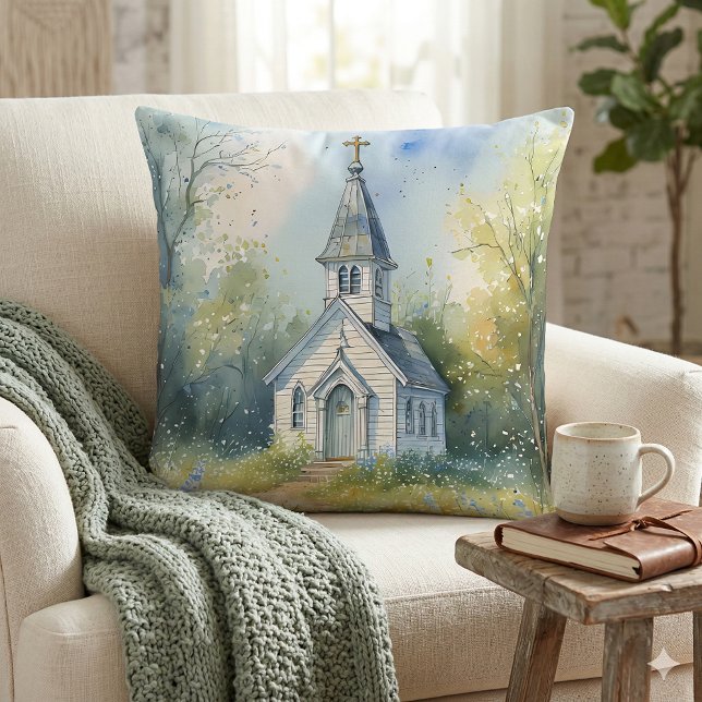 Lantlig kyrkogång i äng med vilda blommor kudde (Rustic Church Path in Wildflower Meadow Throw Pillow Mockup A)