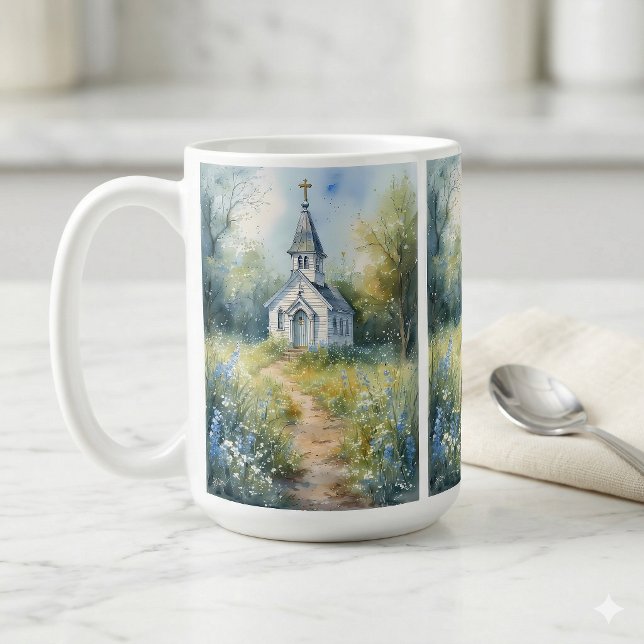 Lantlig kyrkväg i äng med vilda blommor kaffemugg (Rustic Church Path in Wildflower Meadow Coffee Mug On Kitchen Counter)