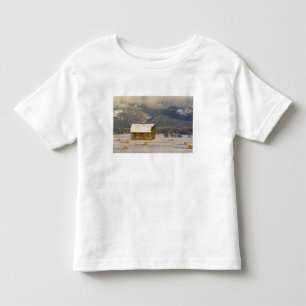 Lantlig lada och höbalar efter ett färskt snöfall t shirt