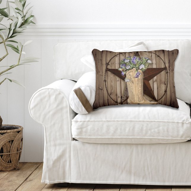 lantlig lada trä vildblomma cowboy västern stjärna prydnadskudde (western country cowboy boot texas star throw pillow)