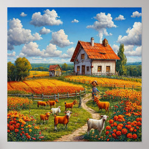 Lantlig landsbygd Natur Söt bondby Poster