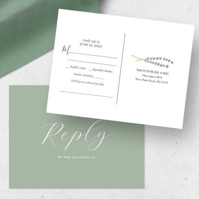 Lantlig Lavendel Sångönskan RSVP Vykort (Minimalistic watercolor lavender sprigs art & sage green by Victoria Grigaliunas of Do Tell A Belle)