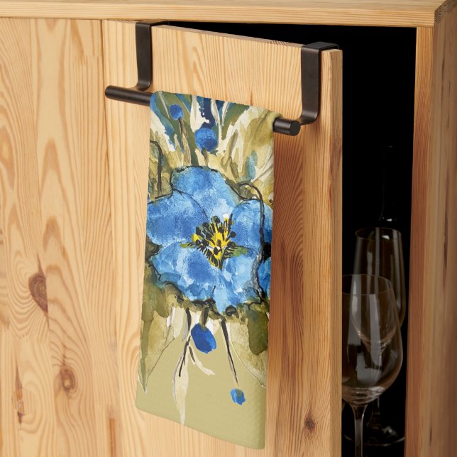 Lantlig modern blå blommig kökshandduk (Thirds Fold)