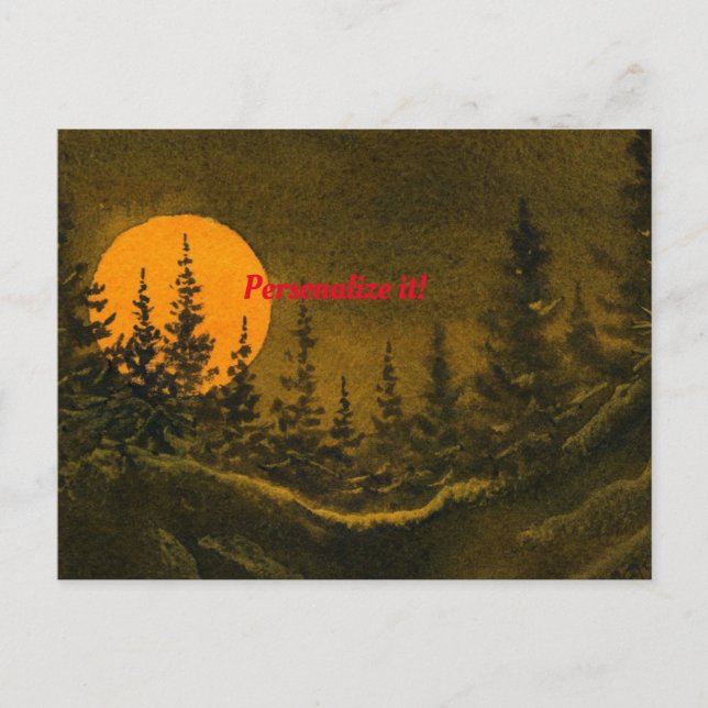 Lantlig nattlig landskap; jägare- eller skördemåne meddelande vykort (Framsida)