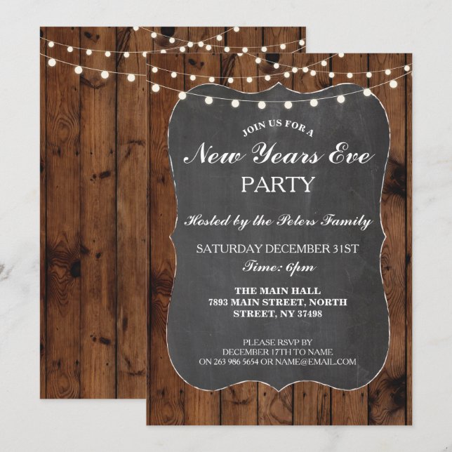 Lantlig nyårsaftonträ- & kritainbjudan inbjudningar (Fram/baksida)