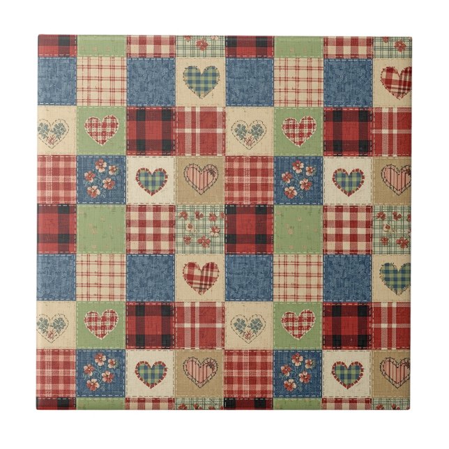 Lantlig Quilt Hjärtplätt Röd Blå Kakelplatta (Framsidan)