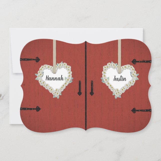 Lantlig röd ladugård- och daisylandsbyggsbröllop inbjudningar (Framsida)