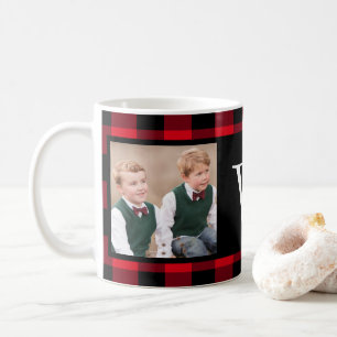 Lantlig röd Monogram för foto för buffelkontrol Kaffemugg