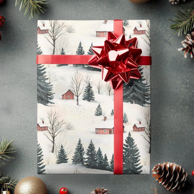 Lantlig röd och vit snöig by presentpapper (Rustic Woodland Village Christmas Wrapping Paper)