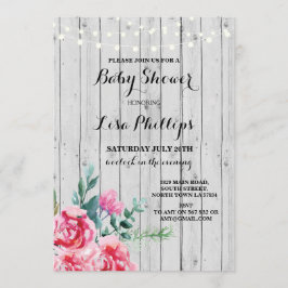 Lantlig rosa blom- Wood inbjudan för baby