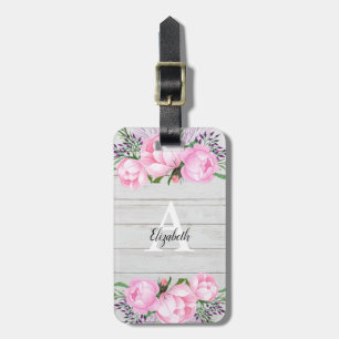 Lantlig rosa Monogram för pion Bagagebricka