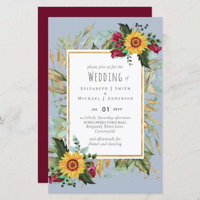 Lantlig Rustika Solrosor Burgunder Rosor Bröllop (Fram/baksida)