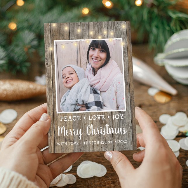 Lantlig Rustika Träljus Foto God Jul Julkort (Country Rustic Wood Lights Photo Merry Christmas Holiday Card)