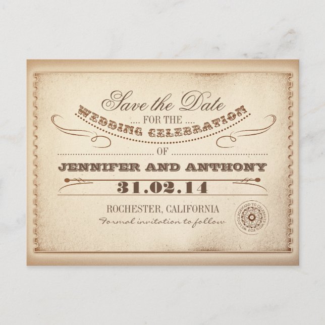 lantlig save the date vintage biljetter vykort (Framsida)